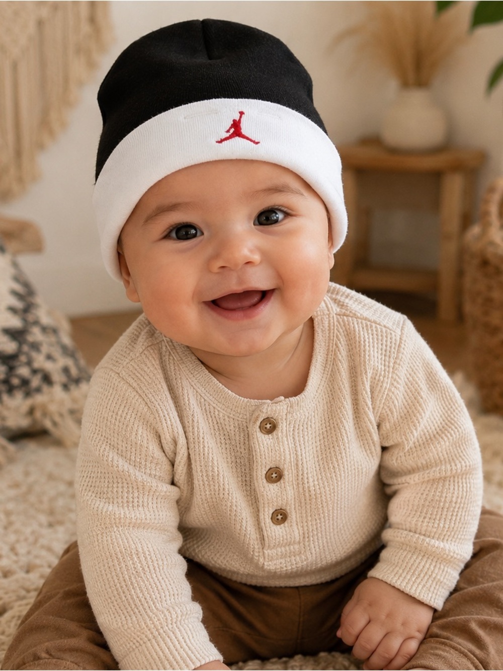 🏀JORDAN Black and White Baby Beanie with Red Logo - 0-6 Months